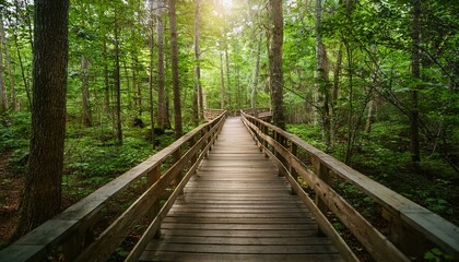 Obraz premium 푸른 숲속을 따라 이어진 나무데크 산책로