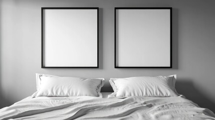 Two Blank Frames Above a Made Bed in a Room