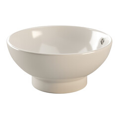 A white bowl with a silver handle sits on a white background