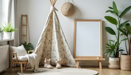 A white teepee tent with a patterned design, a wooden frame, and a round woven decoration hanging above it.