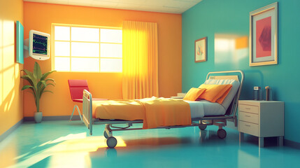 Hospital room with bed and equipment's, Smart hospital room with IoT devices tracking patient recovery progress for any design and template works, A 3d design of a sterile hospital room with a bed.