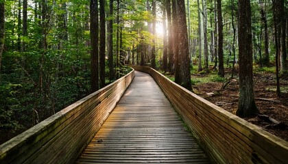 푸른 숲속을 따라 이어진 나무데크 산책로