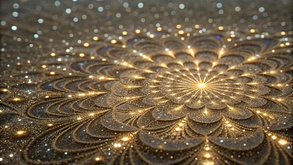 A radiant fractal pattern is embedded within a matrix of tiny, shimmering particles that refract and reflect light in dazzling ways, abstract art, shimmering dust, radiant beam, cosmic vibes