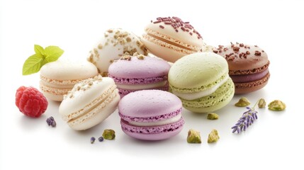 Obraz premium Assorted Delicate Macarons in Pastel Colors Artfully Arranged on a White Background Perfect for Culinary and Dessert-Themed Projects