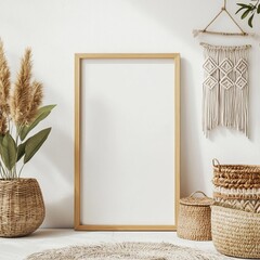 Blank vertical frame mockup surrounded by boho-style living room decor, including woven baskets and macrame hangings