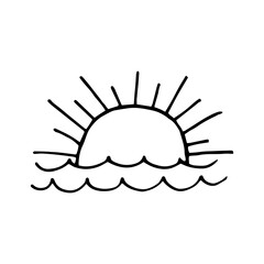 Single element of sun in doodle. Hand drawn vector illustration for greeting cards, stickers and seasonal design. Setting sun, sunset at sea.