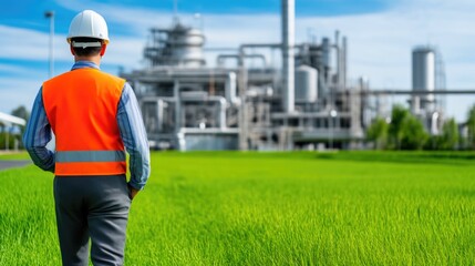 Engineer assessing energy-saving technology at eco-factory