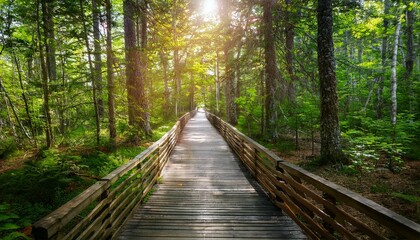 Obraz premium 푸른 숲속을 따라 이어진 나무데크 산책로