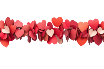A row of red and pink paper hearts arranged on a clean white background, evoking love and Valentine’s Day themes.

