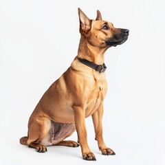 A attentive brown dog sitting gracefully, isolated on a white background.