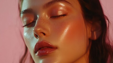 Close-up Portrait of a Woman with Shimmering Skin and Eyes Closed