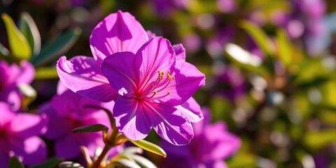 A single, radiant purple rhododendron flower blooms in the warm sunlight, its delicate petals unfolding like a work of art, purple flowers, blooming flowers, sunny day