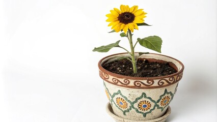 A single sunflower in a pot with decorative container and soil, gardening, plant, container, botanical