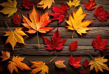 beautiful arrangement vibrant autumn leaves aged wooden texture creating stunning visual delight seasonal colors textures, pattern, background, nature