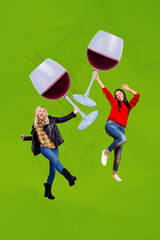 Vertical photo collage of two happy girls dance saturday club occasion relax wine glass pub...