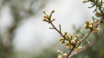Juniper seed-producing branchlets in close-up, branching stem, plant reproduction, juniper microstrobes