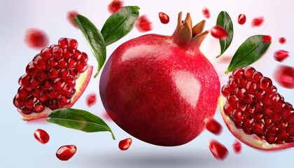 Flying Pomegranate with Seeds and Leaves Vibrant Background with Ripe Fruit