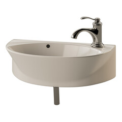 A white sink with a silver faucet