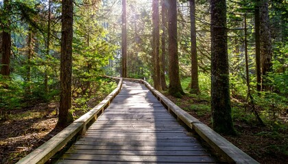 Obraz premium 푸른 숲속을 따라 이어진 나무데크 산책로