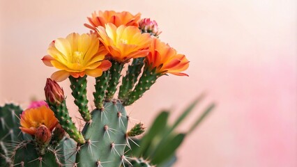 A stylized representation of a blooming cactus with vibrant orange and yellow flowers and lush green leaves against a soft pink and peach background, abstract cacti, nature-inspired photography