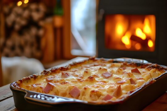 Gratin de Crozets in a rectangular dish, golden crust removed to reveal creamy pasta and ham, on a wooden table in a cozy French chalet with a glowing chimney