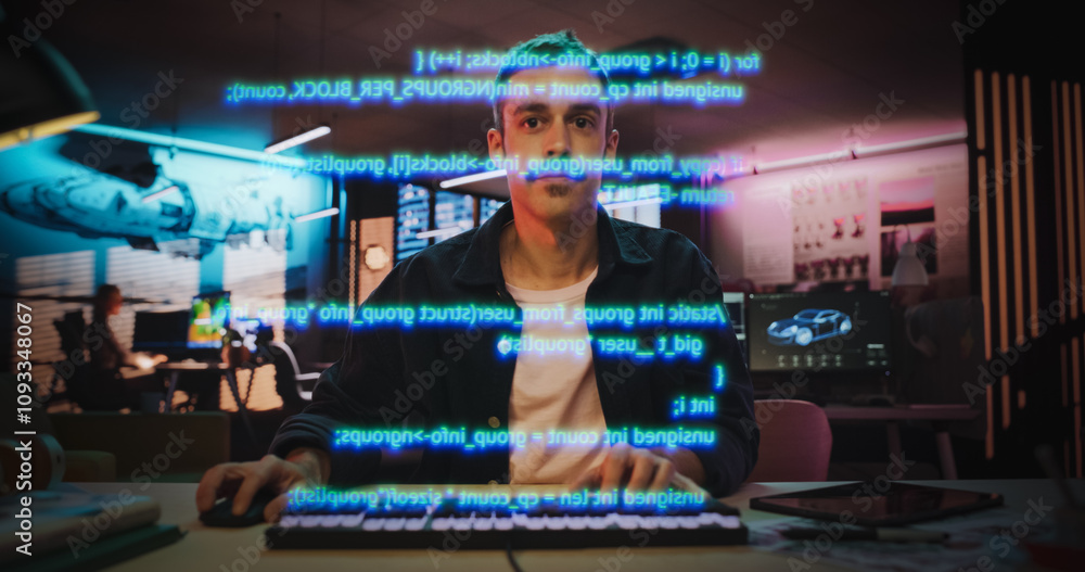 Fototapete Portrait of Male Coder Working on Holographic Screen that Shows Coding and Programming Lines. Transparent Screen Show Software Programming Interfaces. Enterpreneur Working on Video Game, App, Ideas