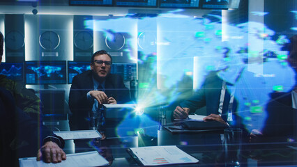 Executives Engage in a Meeting, Analyzing Global Data Projected Onto a Screen. Diverse Team Collaborates on Strategic Government World Trading and Import Logistics Transportation Service