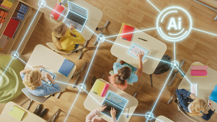 Top-down View of Children in Classroom Use Tablets and Laptops, Connectivity by Lines of AI Data,...