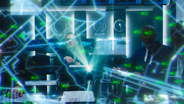 Executives in a Conference Room Discuss Infrastructure Data Displayed on a Futuristic Projector. Diverse Team Does Strategic Traffic Planning With Holographic Visuals and Digital Analytics.