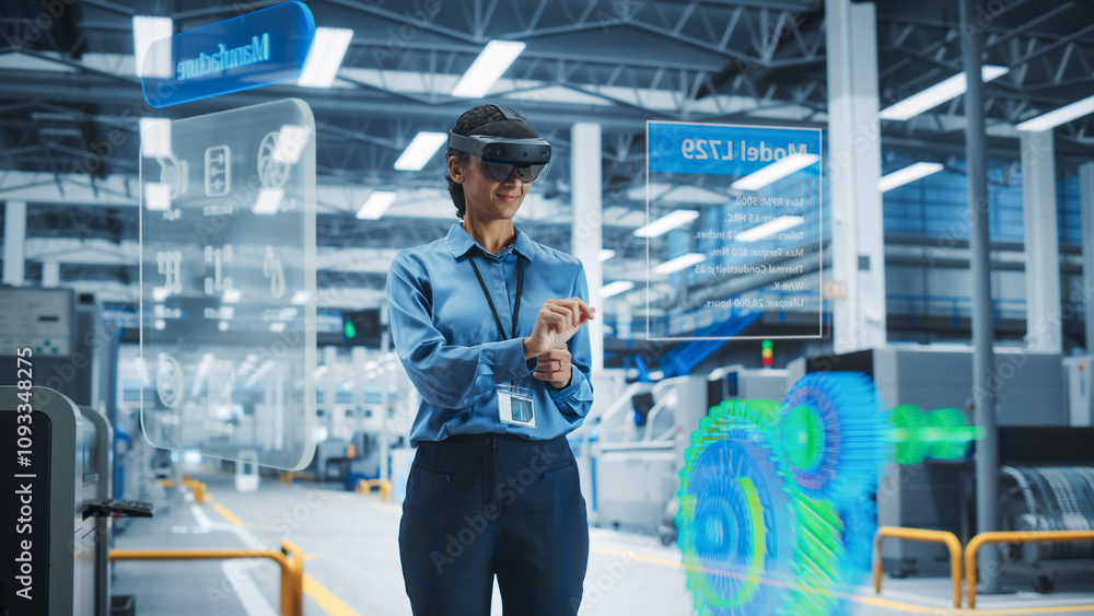 Poster Female Engineer Wearing AR Headset in a High Tech Factory Uses an Augmented Reality to Interact With 3d Holographic Engine, Manufacturing of Electric Engines for The Future. Engineering Concept