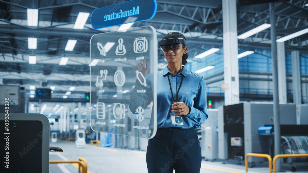 Poster Female Engineer Wearing AR Headset in a High-Tech Factory Uses an Augmented Reality to Interact With 3d Holographic Engine, Manufacturing of Electric Engines for Future. Engineering Concept