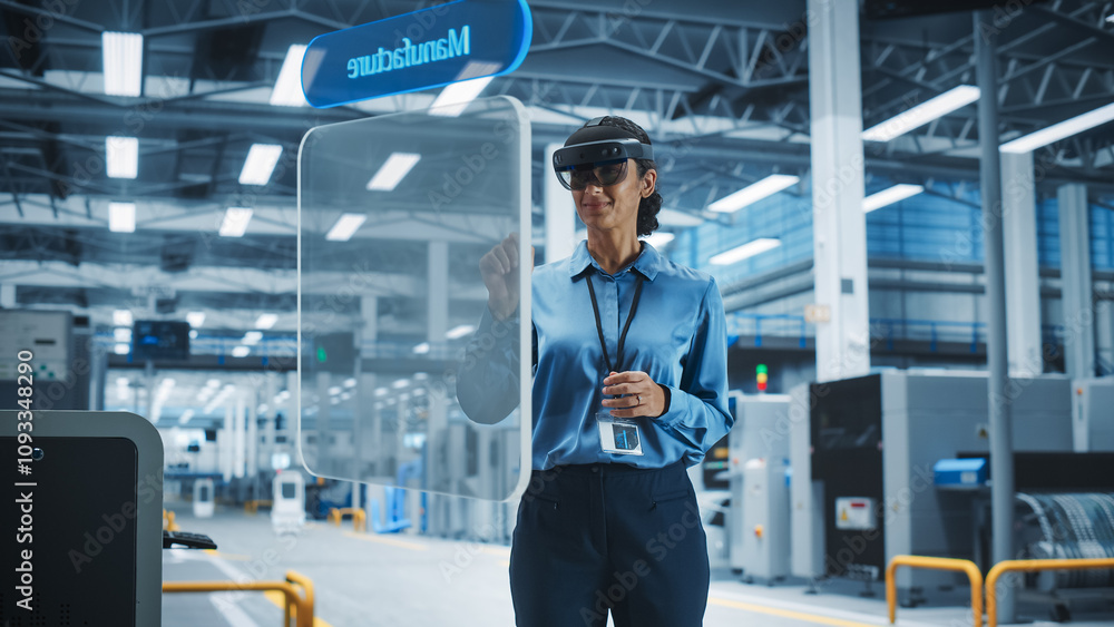 Poster Female Engineer Wearing AR Headset in a High-Tech Factory Uses an Augmented Reality to Interact With 3d Holographic Engine, Manufacturing of Electric Engines for The Future. Engineering Concept