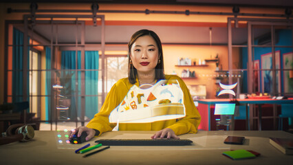 Asian Female Designer Uses a VFX Hologram Screen to Create a 3D Shoe Design in a Graphical...