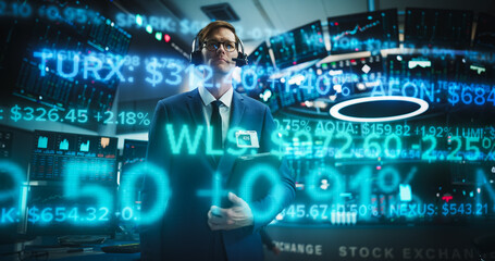 Stock Broker Analyses a Holographic Running Ticker Line, Displaying Dynamic Stock Data Trading Floor. Illustration Content Financial Analytics and Market Information. Blue Overlay AI Fintech Data
