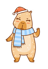 Cute сartoon Santa capybara isolated on white - funny animal for Your Christmas happy winter holidays design