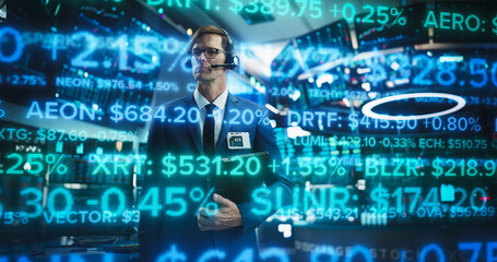 Stock Broker Analyses Holographic Running Ticker Line, Displaying Dynamic Stock Data Trading Floor. Illustration Content Financial Analytics and Market Information. Blue Overlay AI Fintech Data