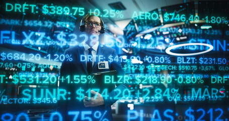 Stock Broker Analyses a Holographic Running Ticker Line, Displaying Dynamic Stock Data Trading Floor. Illustration Content Financial Analytics and Market Information. Blue Overlay Fintech Data