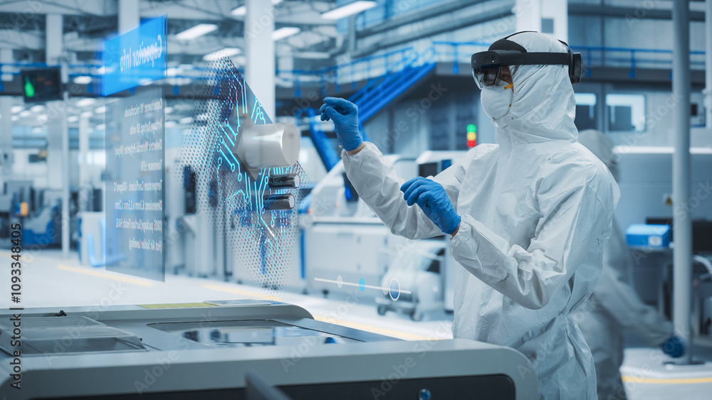 Aufkleber Sterile Coverall Wearing Engineer Uses Augmented Reality Headset to Interact With 3D Holographic Model of Silicon Microchip in Manufacturing Facility, Engineering of Personal Computer Hardware
