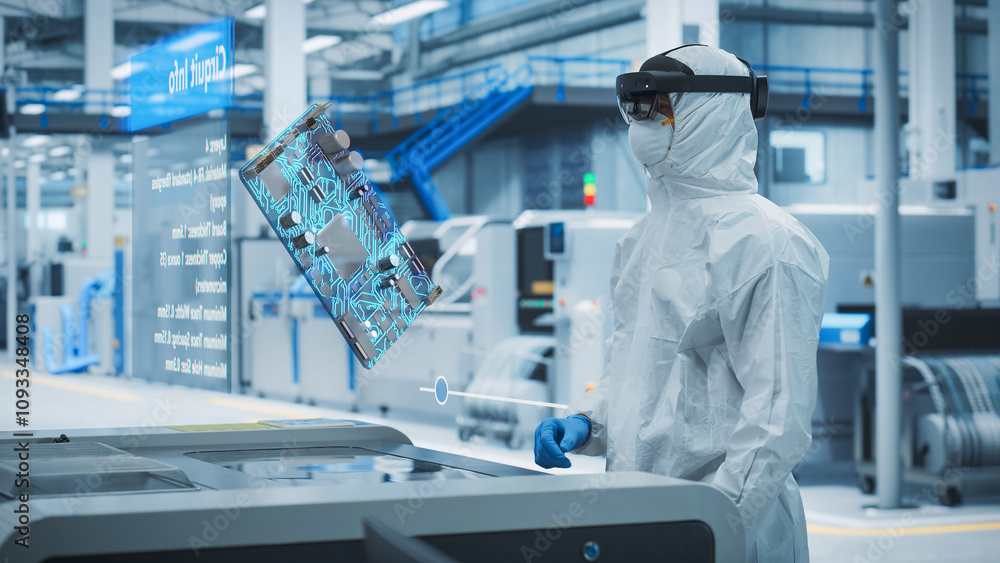 Poster Sterile Coverall Wearing Engineer Uses Augmented Reality Headset to Interact With 3D Holographic Model of Silicon Microchip in Manufacturing Facility, Engineering of Computer Hardware