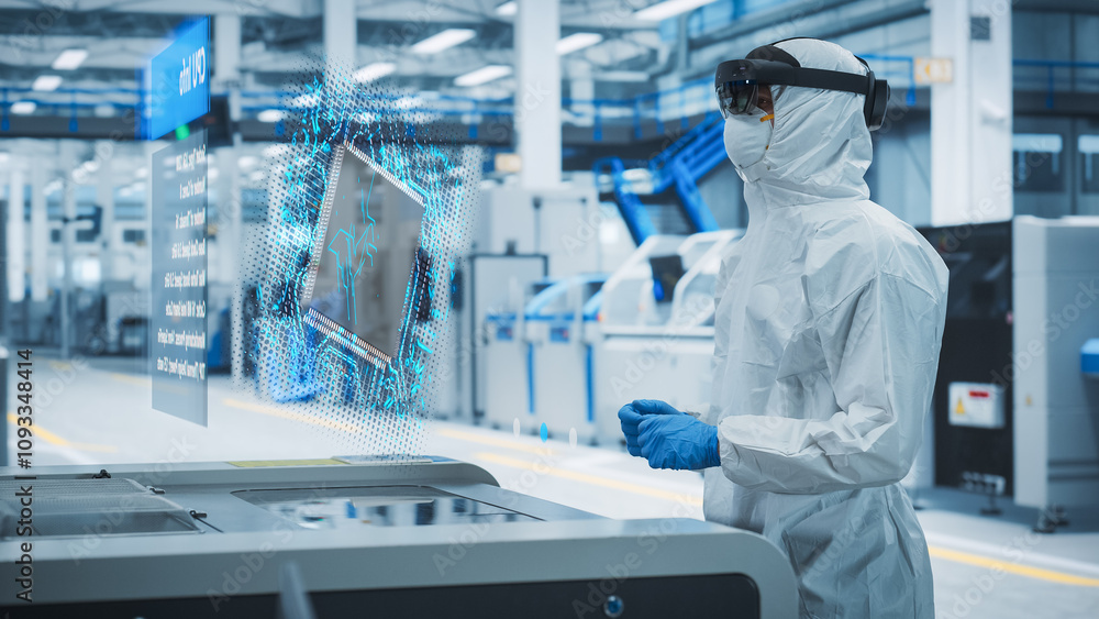Poster Sterile Coverall Wearing Engineer Uses Augmented Reality Headset to Interact With Holographic Model of Silicon Microchip in Manufacturing Plant, Engineering of Personal Computer Hardware