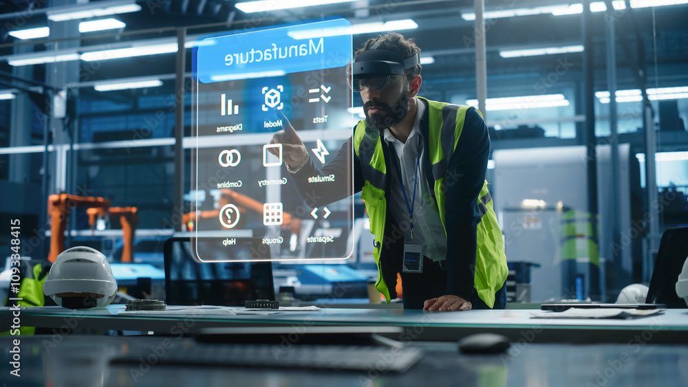 Poster Male Engineer Uses an Augmented Reality Headset to Interact With 3D Holographic Model of Engine in a High-tech Factory, Showcasing Innovative Manufacturing Processes, Advanced Digital Visualization
