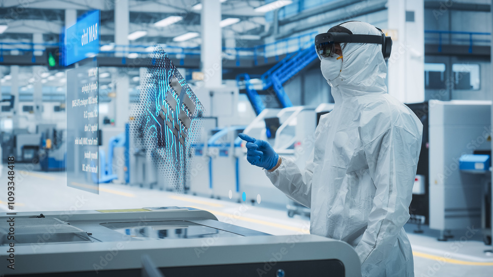 Aufkleber sterile coverall wearing engineer uses augmented reality headset to interact with 3d holographic mod