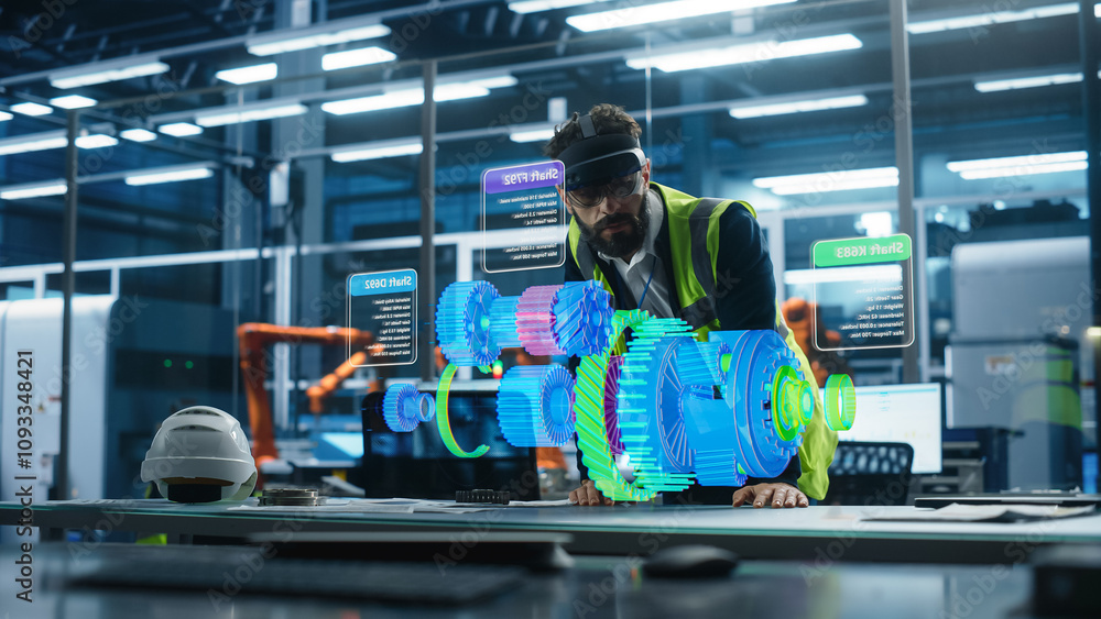 Aufkleber Male Engineer Uses an Augmented Reality Headset to Interact With 3D Holographic Model of Engine in a High Tech Factory, Showcasing Innovative Manufacturing Processes and Advanced Digital Visualization