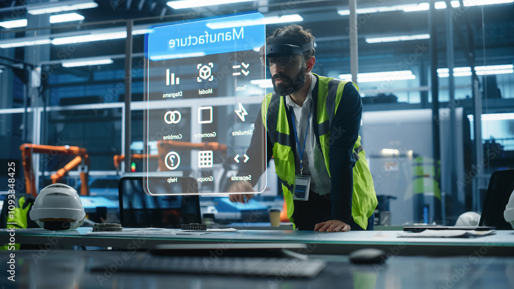 Aufkleber Male Engineer Uses an Augmented Reality Headset to Interact With 3D Holographic Model of Engine in a High-tech Factory, Showcasing Innovative Manufacturing Processes and Advanced Digital Visualization