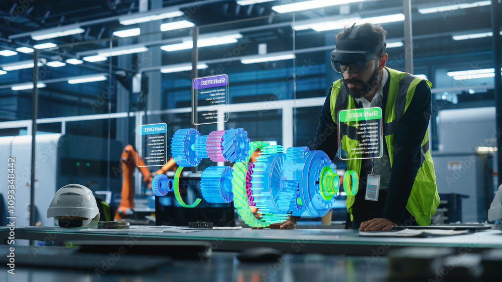 Poster Male Engineer Uses an Augmented Reality Headset to Interact With Holographic Model of Engine in a High Tech Factory, Showcasing Innovative Manufacturing Processes and Advanced Digital Visualization