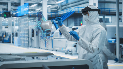 Sterile Coverall Wearing Engineer Uses Augmented Reality Headset to Interact With 3D Holographic...