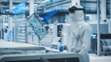 Sterile Coverall Wearing Engineer Uses Augmented Reality Headset to Interact With 3D Holographic Model of Silicon Microchip in Manufacturing Facility, Engineering of Computer Hardware