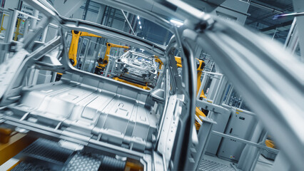 Autonomous Factory with Robotic Arms Autonomously Assembling Car Frames At the Factory. Artificial Intelligence, Precision Production and Manufacturing of Sustainable, Green Energy EVs Plant