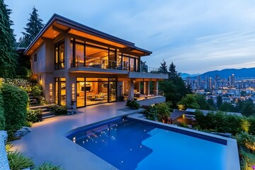 modern luxury house with glass architecture, elegant design, evening cityscape, infinity pool, and skyline view