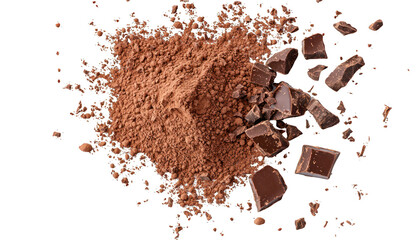 A spread of chocolate chunks, cocoa beans, and fine cocoa powder on white background.